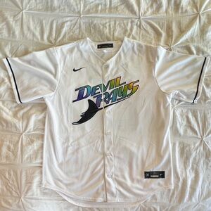 Nike White Devil Rays Zach Eflin MLB Jersey with Colorful Logo
